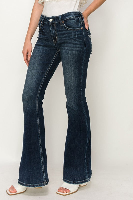 Mid Rise Flare Star Rhinestone On Pockets Jeans