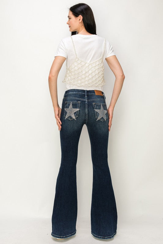 Mid Rise Flare Star Rhinestone On Pockets Jeans