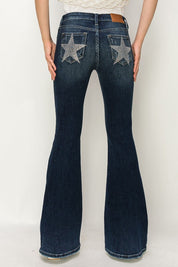 Mid Rise Flare Star Rhinestone On Pockets Jeans