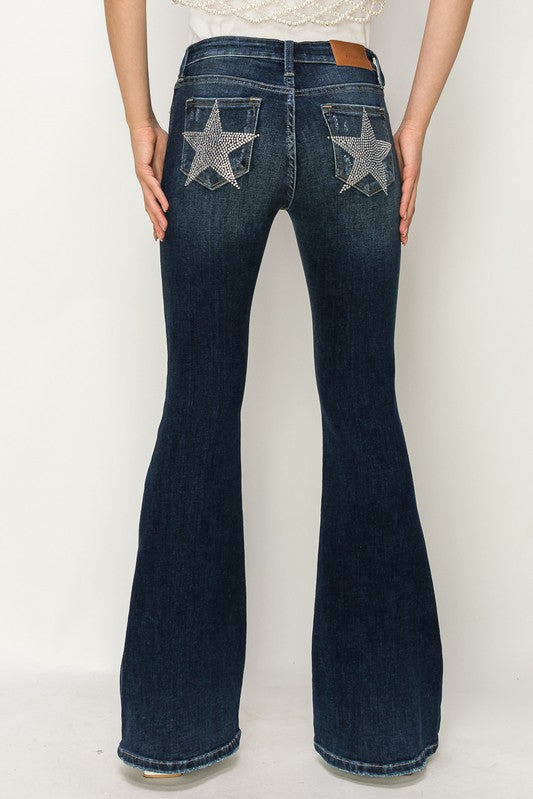 Mid Rise Flare Star Rhinestone On Pockets Jeans