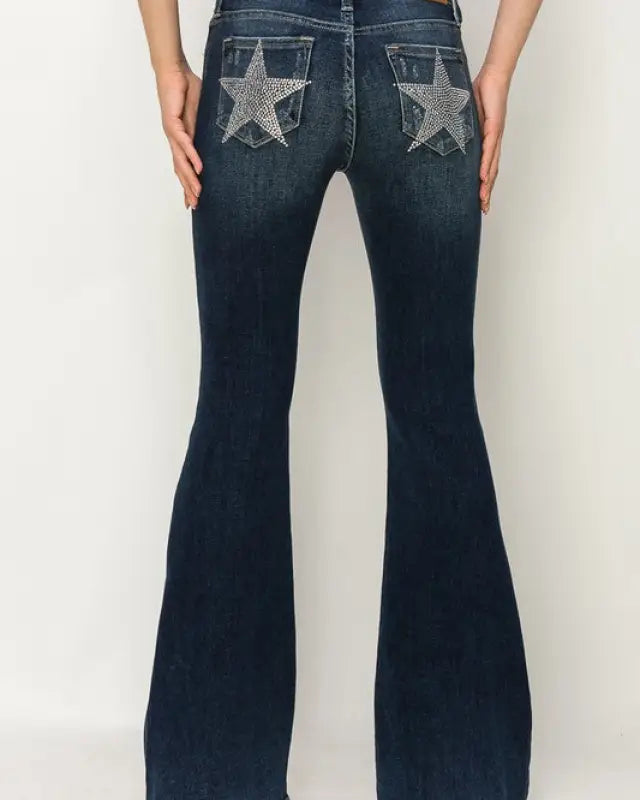 Mid Rise Flare Star Rhinestone On Pockets Jeans