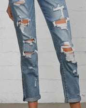 Mid Rise Heavy Destroyed Jeans