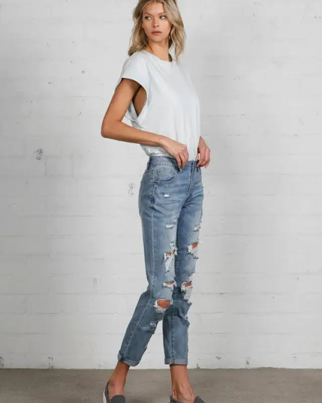 Mid Rise Heavy Destroyed Jeans