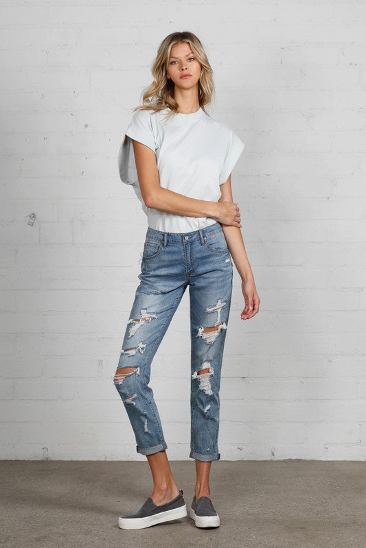 Mid Rise Heavy Destroyed Jeans