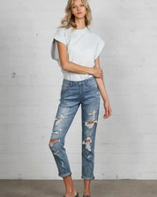 Mid Rise Heavy Destroyed Jeans