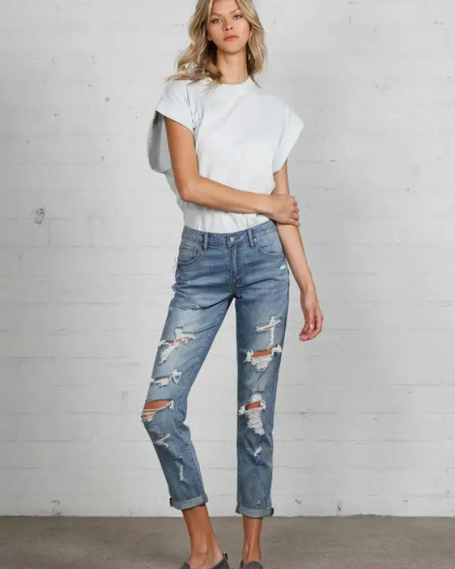 Mid Rise Heavy Destroyed Jeans