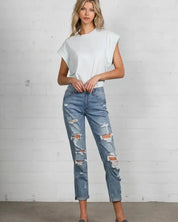 Mid Rise Heavy Destroyed Jeans - MEDIUM / 1