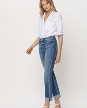 Mid - Rise Single Cuffed Crop Slim Straight Jeans