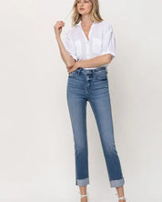 Mid - Rise Single Cuffed Crop Slim Straight Jeans