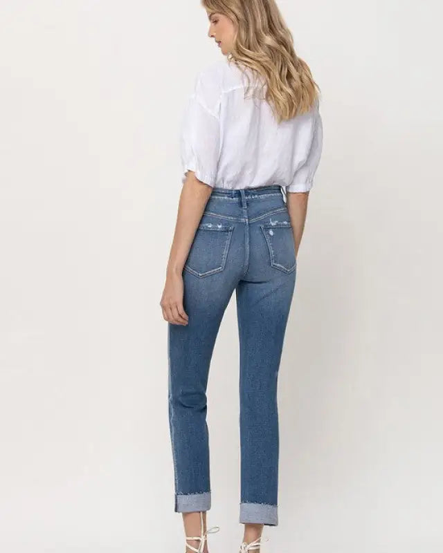 Mid - Rise Single Cuffed Crop Slim Straight Jeans