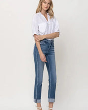 Mid - Rise Single Cuffed Crop Slim Straight Jeans