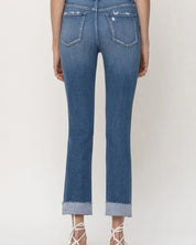 Mid - Rise Single Cuffed Crop Slim Straight Jeans