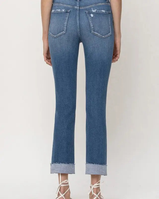 Mid - Rise Single Cuffed Crop Slim Straight Jeans