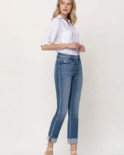 Mid - Rise Single Cuffed Crop Slim Straight Jeans