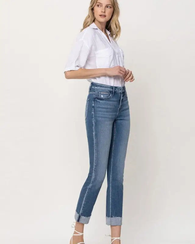 Mid - Rise Single Cuffed Crop Slim Straight Jeans