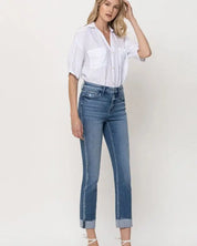 Mid - Rise Single Cuffed Crop Slim Straight Jeans