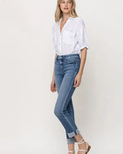 Mid - Rise Single Cuffed Crop Slim Straight Jeans