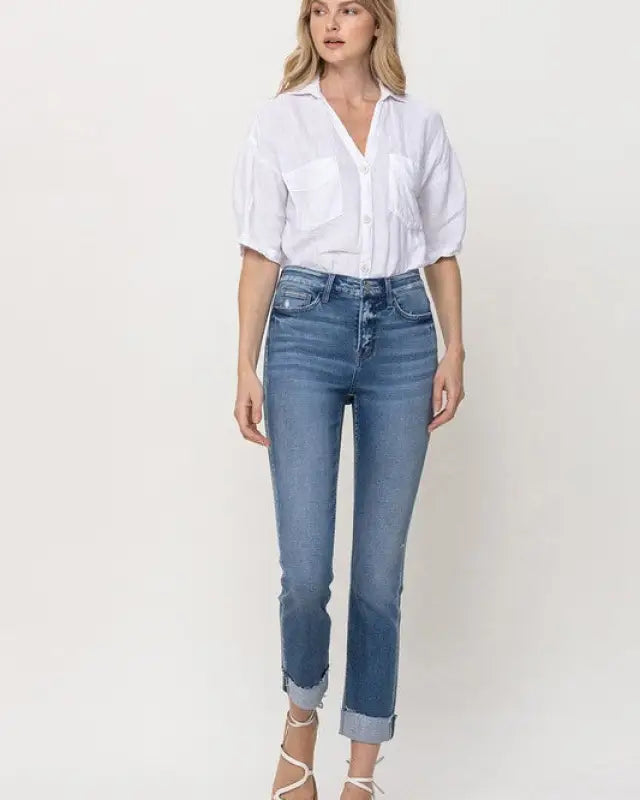 Mid - Rise Single Cuffed Crop Slim Straight Jeans