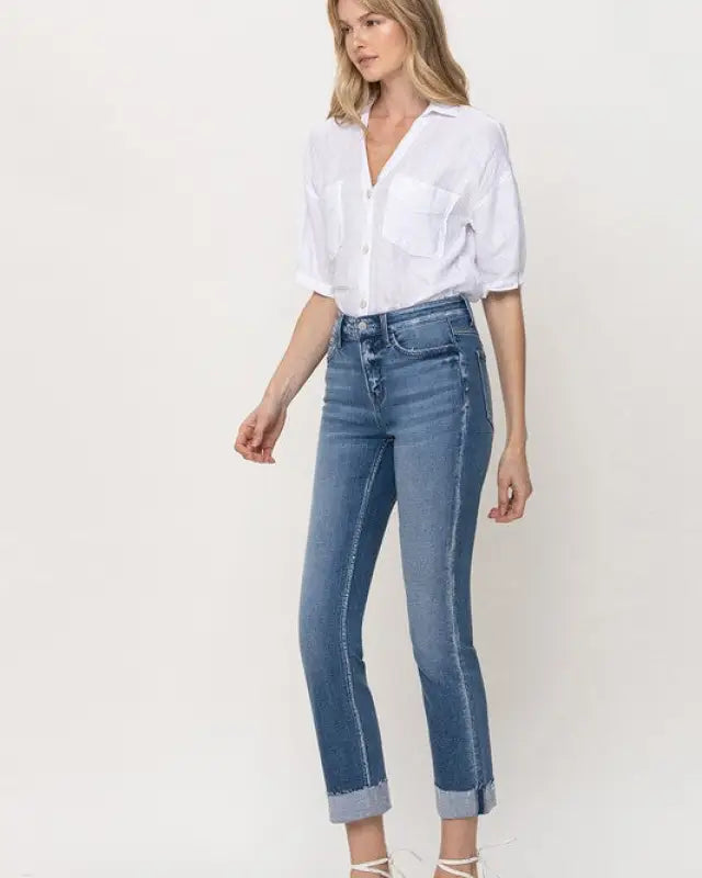 Mid - Rise Single Cuffed Crop Slim Straight Jeans