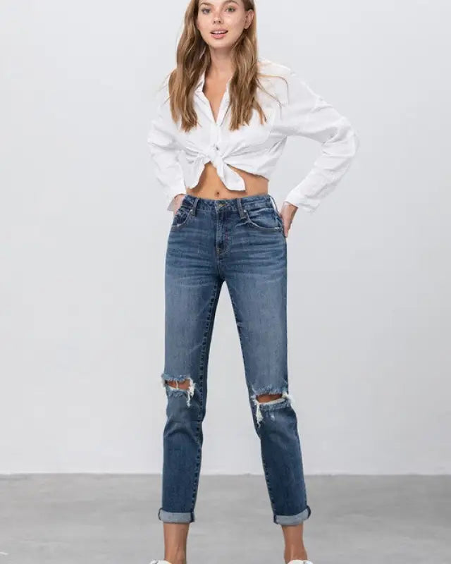 MID - RISE SLIM BOYFRIEND JEANS - DARK