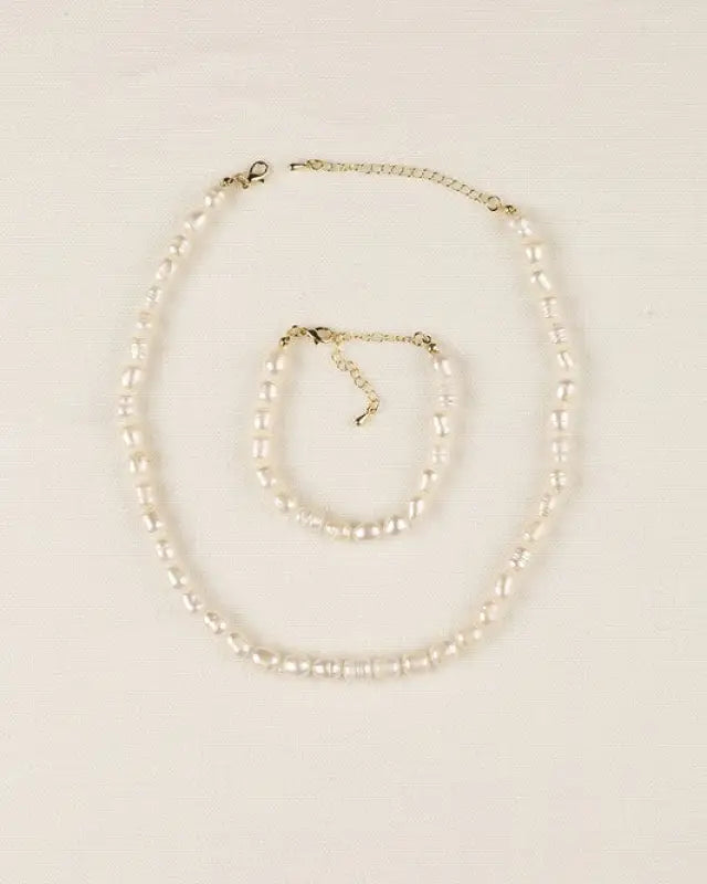 Mid-sized natural pearl bracelet necklace set - Pearl / M