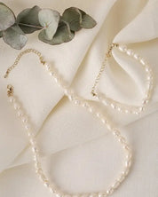 Mid-sized natural pearl bracelet necklace set - Pearl / M