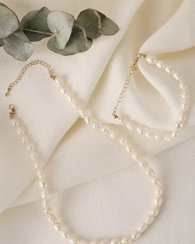 Mid-sized natural pearl bracelet necklace set - Pearl / M