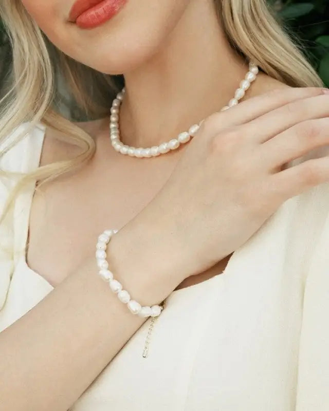 Mid-sized natural pearl bracelet necklace set - Pearl / M