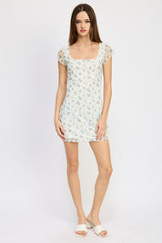 MINI FLORAL DRESS WITH BOW DETAIL - BLUE WHITE / S