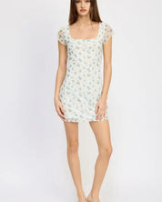 MINI FLORAL DRESS WITH BOW DETAIL - BLUE WHITE / S