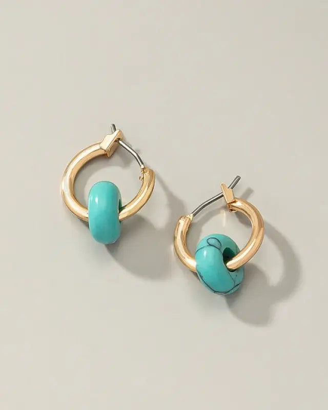 Mini hoop earrings with donut shape natural stone - Turquoise / One Size - Rings