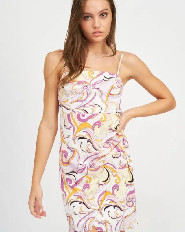 MINI PRINTED OPEN BACK DRESS - ORANGE LAVENDER / S