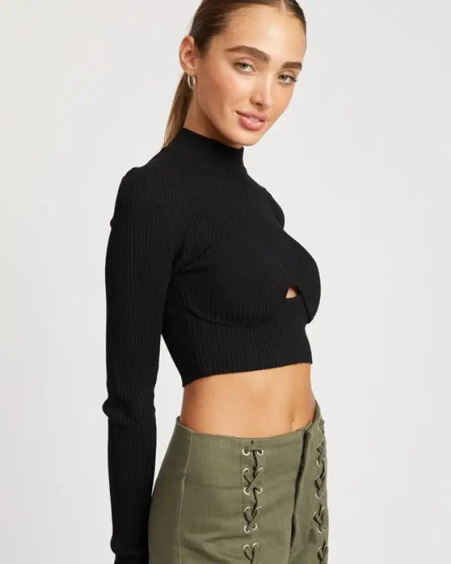 Mock Neck Crop Top With Cut Out