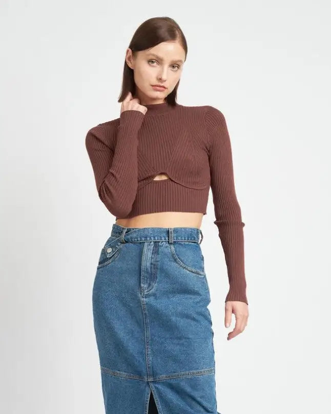 Mock Neck Crop Top With Cut Out