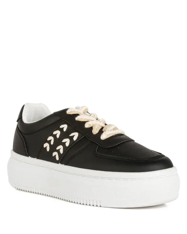 Monigue Faux Leather Cross Stitch Detail Sneakers - Black / Us-5 / Uk-3 / Eu-36