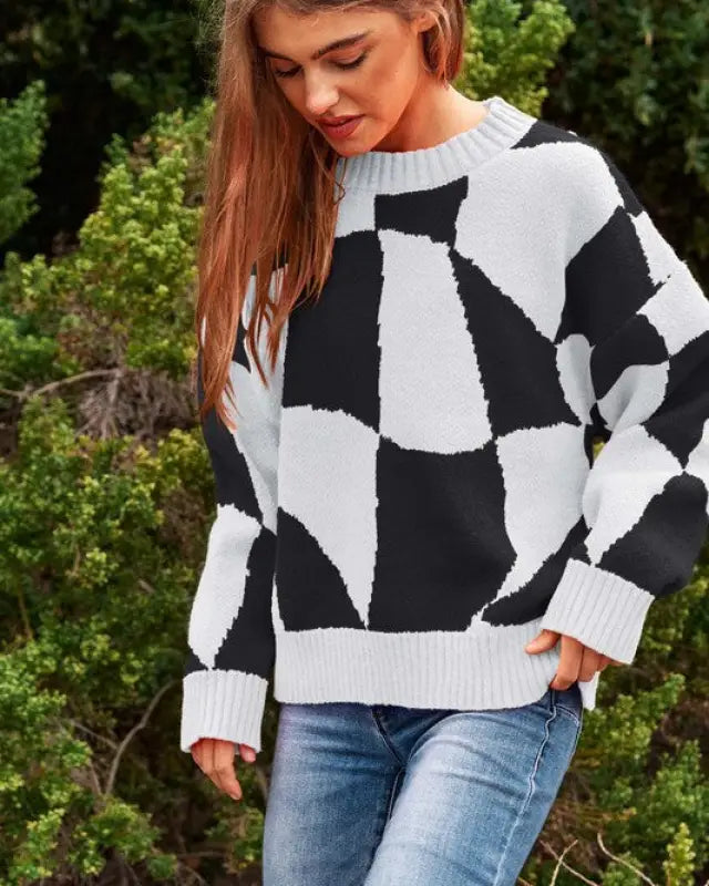 Multi Geo Checker Pullover Knit Sweater Top