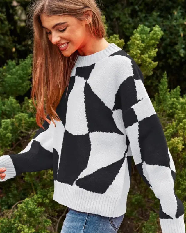 Multi Geo Checker Pullover Knit Sweater Top