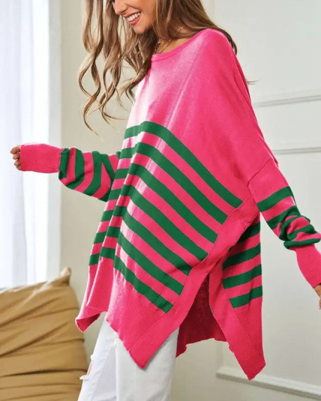 Multi Striped Elbow Patch Loose Fit Sweater Top