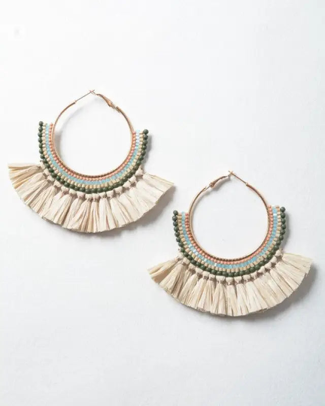 Natural Bead And Raffia Fan Hoop Earrings