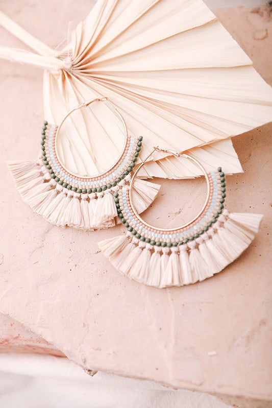 Natural Bead And Raffia Fan Hoop Earrings