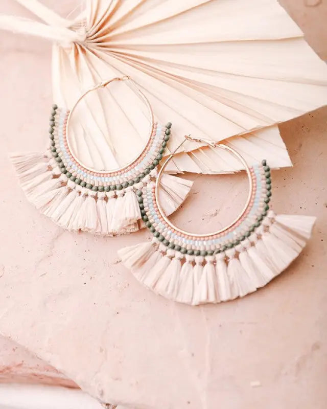 Natural Bead And Raffia Fan Hoop Earrings