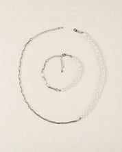 Natural pearl chain bracelet necklace set - sil - Silver / M