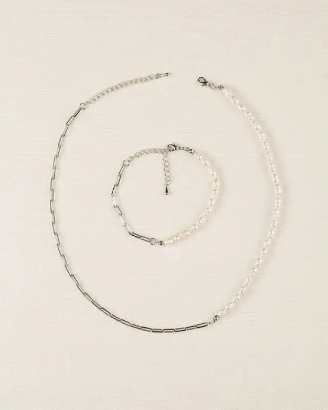 Natural pearl chain bracelet necklace set - sil - Silver / M