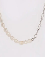 Natural pearl chain bracelet necklace set - sil - Silver / M