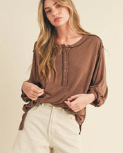 Nore 3/4 Henley Top - BROWN / S