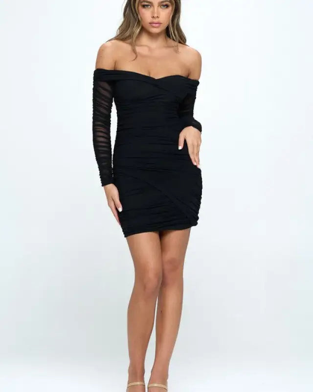 Off Shoulder Bodycon Mini Dress - BLACK / L