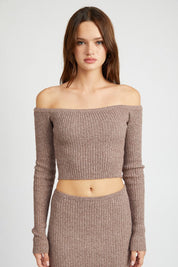 OFF SHOULDER LONG SLEEVE KNIT TOP - BROWN / S