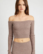 OFF SHOULDER LONG SLEEVE KNIT TOP - BROWN / S