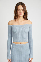 OFF SHOULDER LONG SLEEVE KNIT TOP - LT BLUE / S