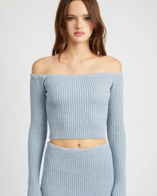 OFF SHOULDER LONG SLEEVE KNIT TOP - LT BLUE / S